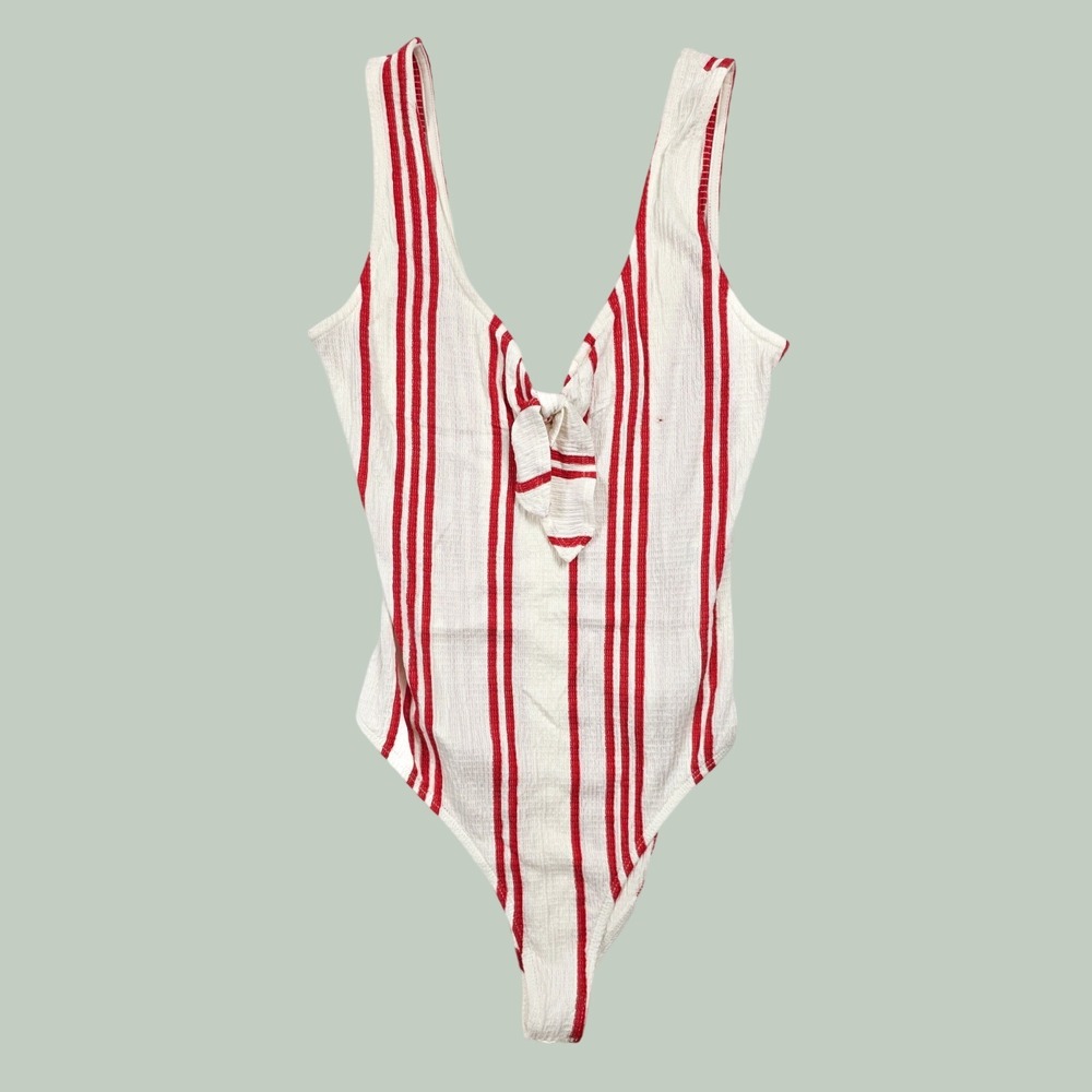Love Tree White Red Pin Striped Laced V Neck Tank Bodysuit Women's Size Small